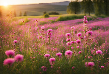 Obraz na płótnie Canvas Pink wildflowers in the grass at sunset. Flowers in the meadow landscape. Close-up. Evening countryside background. Quiet. Rural scene. Calm.