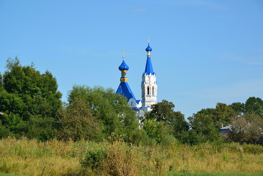 Rural landscape with Church of St. Dmitry Solunsky in the village Korobovka