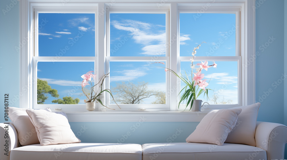 Wall mural view of clean blue sky through the window, concept of calm atmosphere