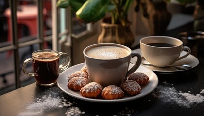 Fototapeta premium A Cup of Coffee and Pastries on a Table, A Delightful Morning Break
