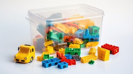 Children's, multi-colored, bright construction set in a transparent plastic container. Toy storage box - obrazy, fototapety, plakaty