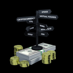 Best investments. Multiple investment sign with stack of coins and a hundred dollar bills. black background. 3d rendering.
