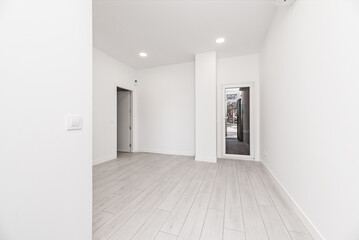 A newly installed loft-style home with light gray parquet floors, glass and white aluminum doors