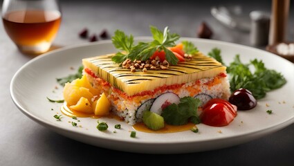 Fototapeta na wymiar Sushi menu concept. A distinctive and delicious sushi dish with vegetables, healthy food