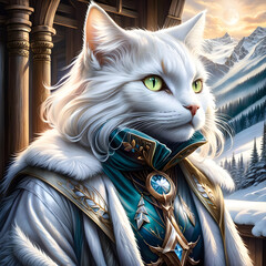 In this stunning illustration, we are treated to a close-up of an anthropomorphic cat against a winter backdrop of majestic mountains. The artist has beautifully captured the grace and elegance of thi - obrazy, fototapety, plakaty