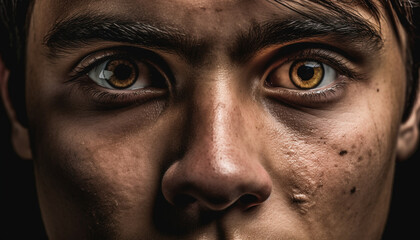 Naklejka premium One man staring, serious, sadness, looking at camera, black background generated by AI