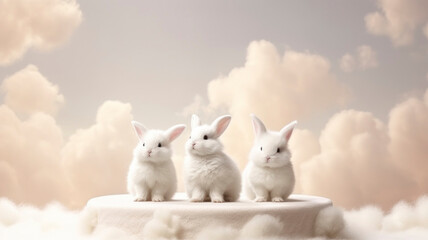 three fluffy white cute bunnies on the podium atmospheric clouds background dreamy image - obrazy, fototapety, plakaty