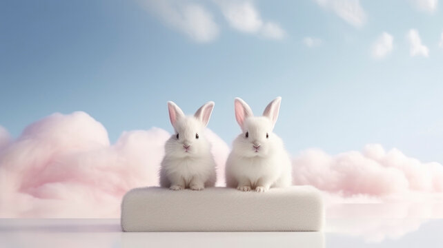 fluffy white cute bunnies a couple of tender ones on the podium atmospheric background of clouds dreamy image