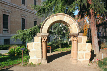 Replica of ancient arch near National Archaeological Museum of Spain in Madrid, Spain