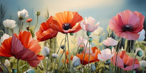 Vibrant Spring and Summer Fusion: Close-up of Colorful Poppy Flowers in Nature's Brilliance