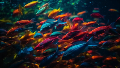 A vibrant school of fish swimming in a colorful underwater reef generated by AI