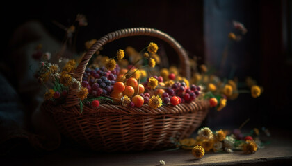 Basket of fresh fruit on a wooden table, autumn decoration generated by AI