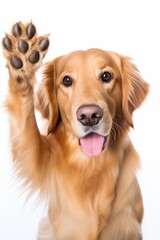 golden retriever dog raising hand on isolated white