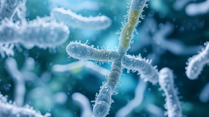 Chromosomes floating on blue background, science and technology. - obrazy, fototapety, plakaty