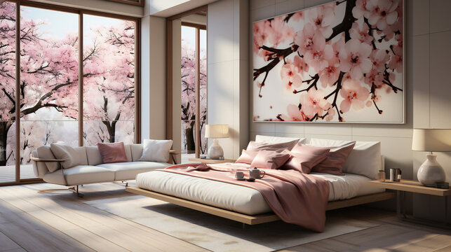 Interior Of A Bedroom With Sakura Trees Drawings On The Walls In Japanese Style