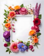 Portrait shot image of engraved white frame surrounded by border frame of natural fresh multiple fresh flowers