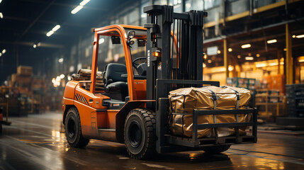 Orange Forklift Transporting Construction Materials Around The Warehouse