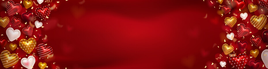 Template of d blank red luxury romantic Valentine's Day header with 3d various glossy hearts, golden realistic confetti streamers, light effect in heart shape and copy space or empty place for text