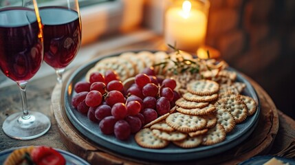 Valentine's day Aperitif, Heart-Shaped Cheese and Crackers Platter with Red Grape Accents.