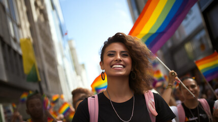 A Happy Woman At Pride Parade With Rainbow Flags In The Background