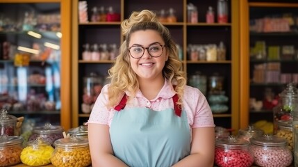A jovial young woman, adorned in a pastel apron, stands proudly in her candy shop, surrounded by jars of colorful sweets