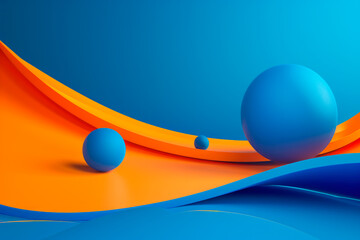 modern abstract of deep blue and orange with curved solid geometric shape and blue spheres over blue background