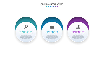 Timeline infographic with infochart. Modern presentation template with 3 spets for business process. Website template on white background for concept modern design. Horizontal layout.
