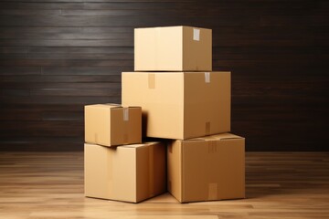 A group of five carton boxes piled on top of each other. Sustainable packaging, delivery, logistics concepts.
