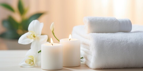 Serene spa arrangement of rolled white towels, flowers and lit candles. Zen spa arrangement, beauty and relaxation concepts.