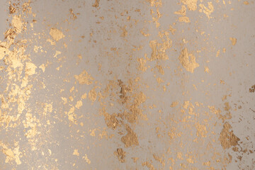 Crumble Paper texture painting glow glitter blot wall. Abstract gold, nacre and beige stain copy space background.