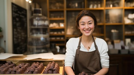 A joyful young woman wearing a white shirt and brown apron stands proudly in her chocolate shop,...