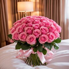 Bouquet of Pink roses on the bed in a hotel room for honeymoon. romantic meeting of guests at the hotel