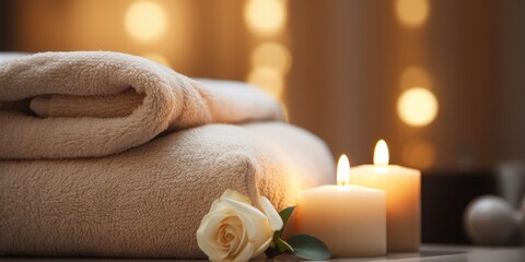Obraz na płótnie Canvas Zen spa arrangement of light brown rolled towels, flowers and a lit candle. Beige spa arrangement, beauty and relaxation concepts.