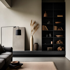 a contemporary chimney in a cozy living room in the middle of two shelfs with minimal accesories