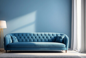 Stylish blue sofa with wooden legs. A fashionable, comfortable one-piece piece of furniture. Luxurious sofa. Interior object.