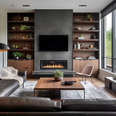 a living room with a tall steel fireplace with a tv mounted on the fireplace steel. on both sides of the fireplace, there are base walnut cabinets with gray countertops. above the cabinets, there are 