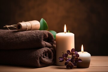 Two brown rolled towels, a flower and a lit candle. Serene spa atmosphere arrangement, beauty and relaxation concepts.