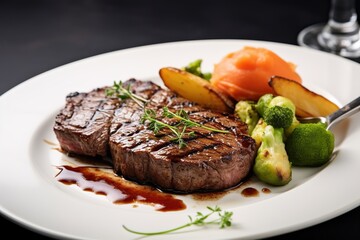 Grilled steak with vegetables on a plate on a dark background