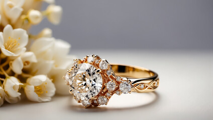 Beautiful gold ring with diamond, flowers
