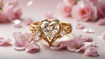 Beautiful gold ring with diamond, flowers transparent