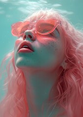 youthful girl with striking pink hair and heart-shaped pink sunglasses. Radiant turquoise background. The overall aesthetic is vibrant, high-key, with a dreamy, surreal quality