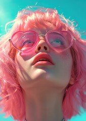 youthful girl with striking pink hair and heart-shaped pink sunglasses. Radiant turquoise background. The overall aesthetic is vibrant, high-key, with a dreamy, surreal quality