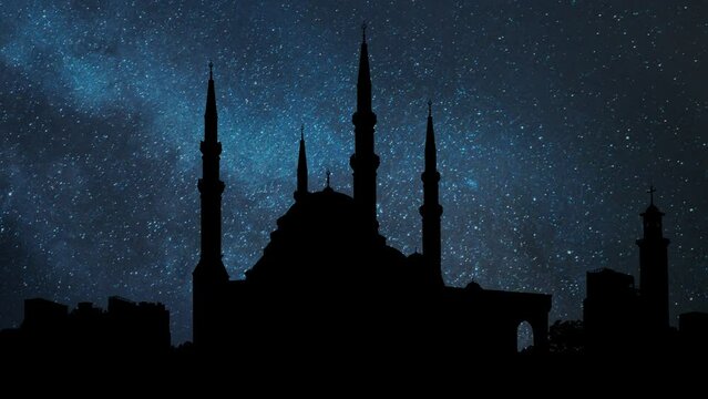 Beirut: Mohammed Al Amine Mosque, Time Lapse by Night with Stars and Milky Way in Background Lebanon, Middle East