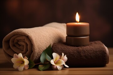 Two brown rolled towels, a flower and a lit candle. Serene spa atmosphere arrangement, beauty and relaxation concepts.