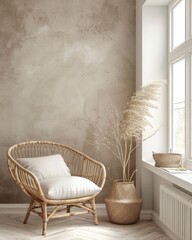 Scandinavian Home Interior: Modern Living Room with Rattan Chair, Window, and Stucco Wall