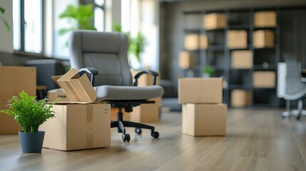 Corporate Relocation: Packed Armchair and Furniture Moving Boxes in New Office Space