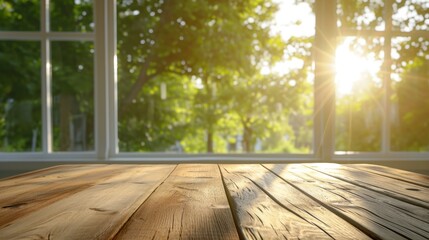 Serene Nature View: Wooden Table by Window, Blurred Sunlit Trees. Home Decor and Indoor Sunlight