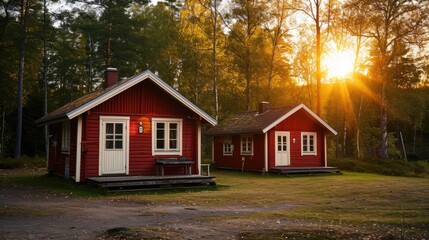 Scandinavian Sunset Retreat: Red Wooden Cabins in Nature's Playground - obrazy, fototapety, plakaty