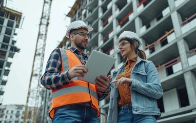 Male engineer using tablet talking to a female architect on a construction site