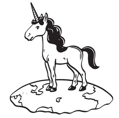 Black and white vector flat illustration: horse magical character, lineart for coloring books, ready to print	
